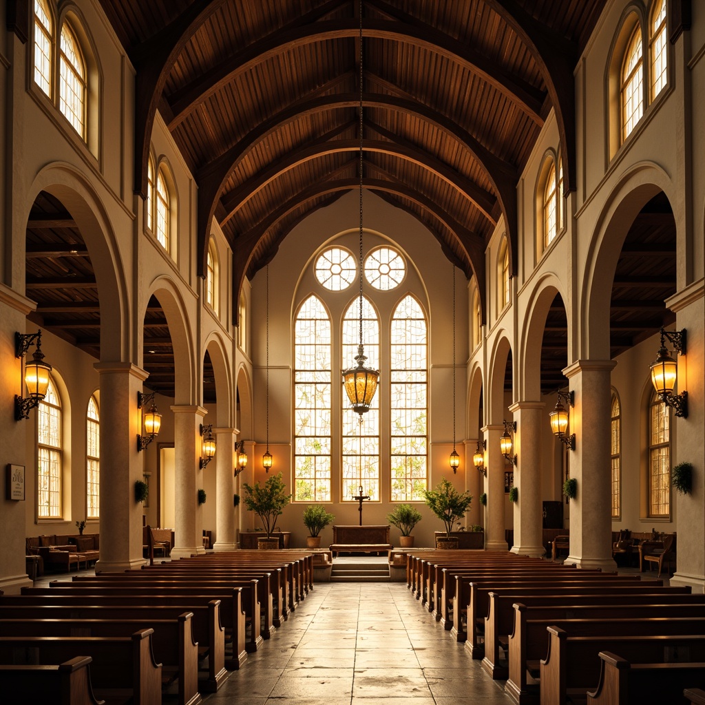 Prompt: Elegant church interior, stained glass windows, ornate chandeliers, warm golden lighting, soft ambient glow, suspended lanterns, rustic wooden beams, vaulted ceilings, subtle color temperatures, gentle spotlighting, decorative sconces, classic architectural details, serene atmosphere, peaceful ambiance, natural daylight filtering, warm beige tones, subtle shadowing, 1/1 composition, realistic textures, subtle camera movement.