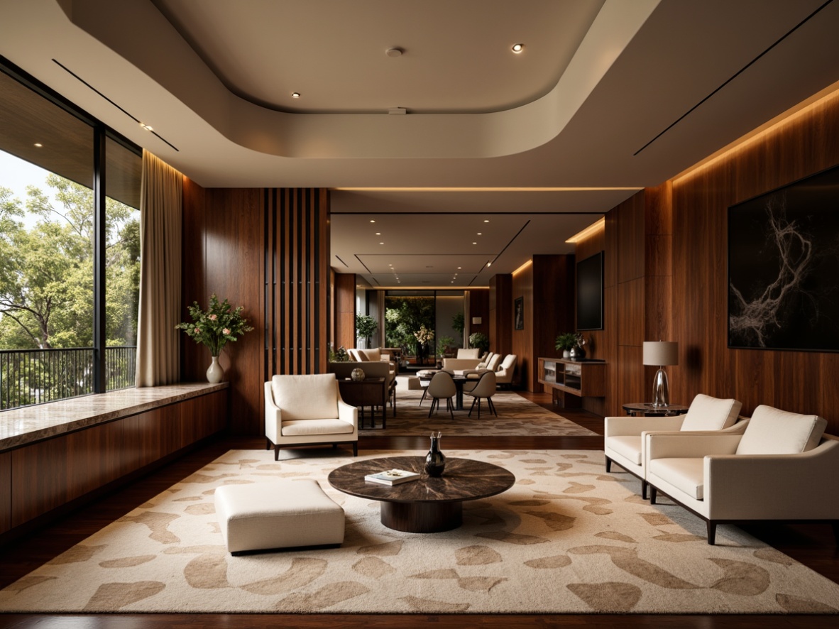 Prompt: Luxurious living room, curved lines, polished chrome accents, high-gloss wood panels, velvety soft carpets, sleek minimalist furniture, ambient warm lighting, subtle texture variations, metallic sheen, reflective surfaces, opulent marble countertops, rich walnut cabinetry, geometric patterned rugs, lavish drapery, dramatic ceiling coves, recessed LED lights, 3/4 composition, shallow depth of field, realistic material reflections.