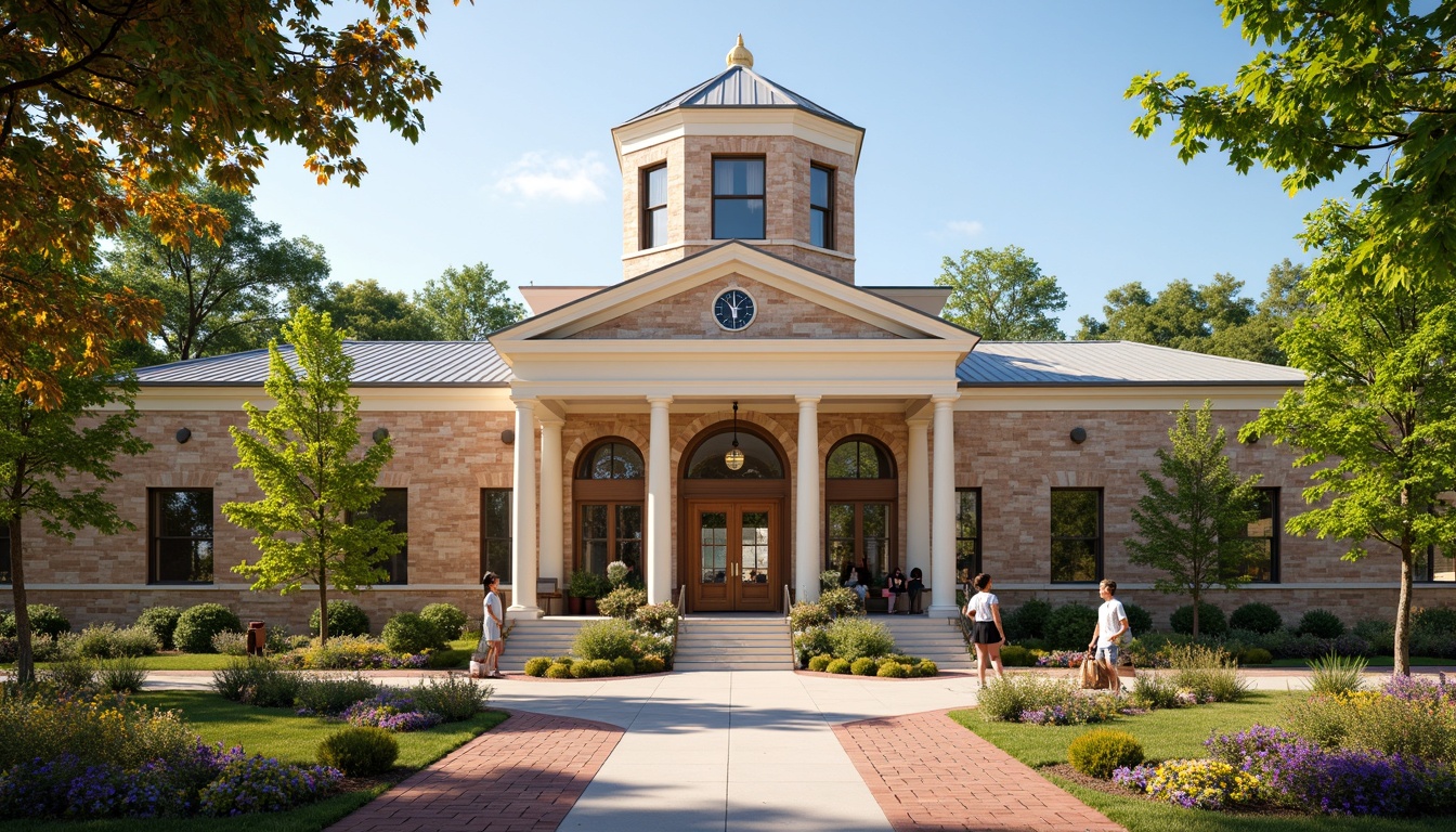 Prompt: Rustic middle school building, neoclassical architectural style, warm beige stone walls, creamy white columns, soft blue-gray roof tiles, earthy red brick accents, lush greenery surroundings, vibrant floral patterns, educational signage, polished wooden doors, brass hardware fixtures, traditional clock tower, sunny day, soft warm lighting, shallow depth of field, 3/4 composition, realistic textures, ambient occlusion.