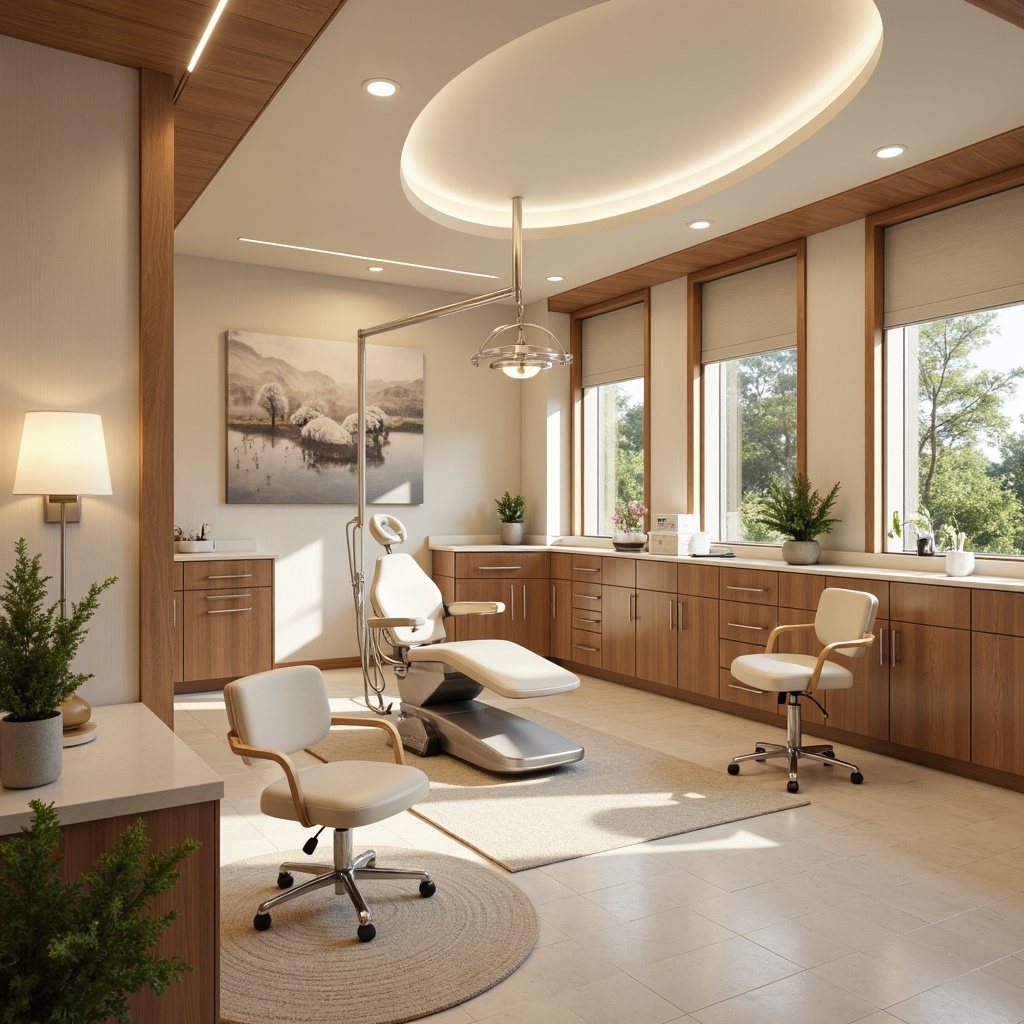 Prompt: Soft warm lighting, calming atmosphere, neutral color palette, beige walls, creamy whites, gentle curves, subtle textures, wooden accents, minimalist decor, sleek modern dental equipment, comfortable patient chairs, soothing nature-inspired artwork, large windows, natural stone floors, polished chrome fixtures, soft-close cabinetry, warm wood tones, elegant glass partitions, refined metal details, sophisticated LED lighting, shallow depth of field, 3/4 composition, realistic reflections.