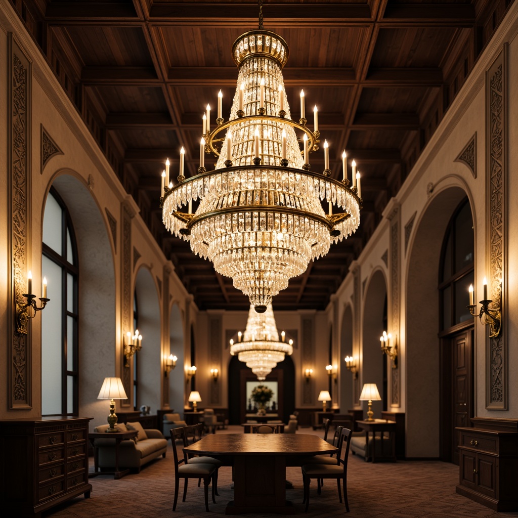 Prompt: Grand chandelier, crystal droplets, ornate metalwork, soft warm glow, candle-inspired design, fluted glass shades, bronze accents, intricate carvings, high ceilings, opulent furnishings, luxurious fabrics, rich wood tones, subtle color palette, Renaissance-inspired motifs, symmetrical composition, 1/2 perspective, dramatic shadows, ambient occlusion.