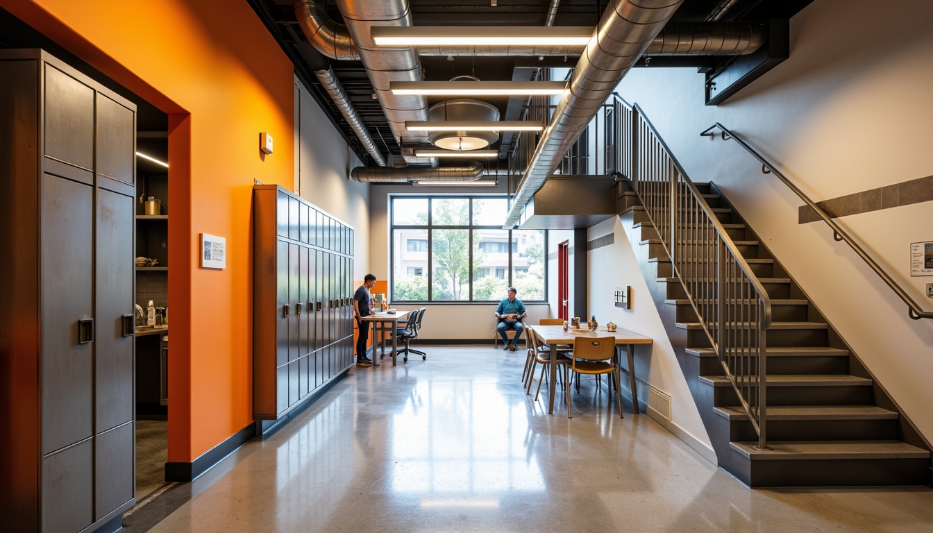 Prompt: Vibrant school hallway, polished metal lockers, sleek silver handrails, modern industrial lighting fixtures, exposed ductwork, urban-inspired interior design, minimalist classroom layout, metallic tone accent walls, glossy epoxy floors, dynamic staircase design, bold color scheme, energetic atmosphere, shallow depth of field, 1/1 composition, realistic reflections, ambient occlusion.