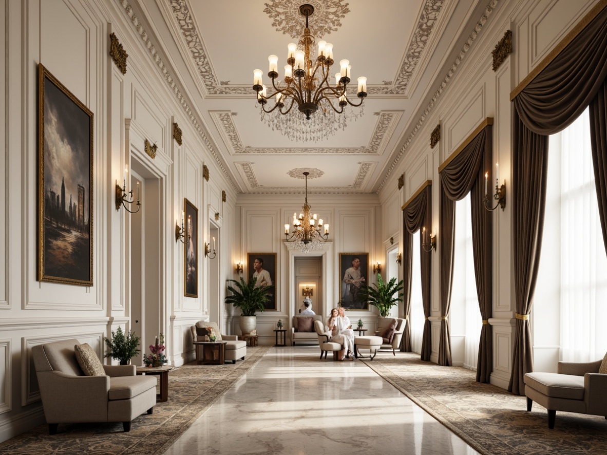 Prompt: Elegant neoclassical interior, ornate moldings, crystal chandeliers, luxurious fabrics, rich wood tones, creamy whites, soft grays, warm beiges, subtle gold accents, intricate patterns, ornamental ceilings, grandiose furniture, velvet drapes, marble floors, sophisticated ambiance, dramatic lighting, 3/4 composition, shallow depth of field, realistic textures.