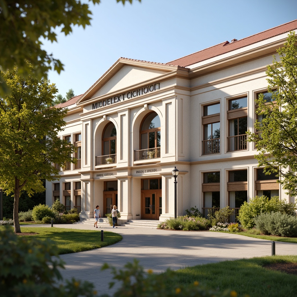 Prompt: Elegant middle school building, neoclassical architecture style, grand entrance columns, symmetrical facade, ornate details, cream-colored stone walls, red-tiled roof, large windows, wooden doors, lush greenery, blooming flowers, sunny day, soft warm lighting, shallow depth of field, 3/4 composition, panoramic view, realistic textures, ambient occlusion.