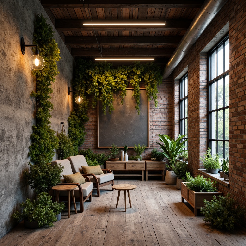 Prompt: Rustic, earthy tones, natural stone walls, rough-hewn wooden accents, distressed metal details, vibrant greenery, overgrown vines, moss-covered surfaces, weathered brick facades, industrial chic architecture, reclaimed wood floors, exposed ductwork, urban loft atmosphere, warm, soft lighting, shallow depth of field, 1/2 composition, realistic textures, ambient occlusion.