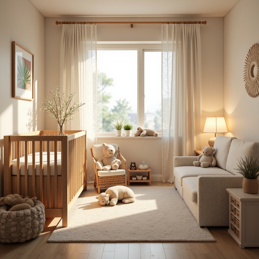 Prompt: Cozy baby nursery, soft plush carpets, gentle pastel colors, adorable stuffed animals, warm wooden cribs, delicate lace curtains, comfortable upholstered gliders, soothing natural fabrics, breathable cotton materials, calming neutral tones, subtle texture contrasts, cozy throw blankets, peaceful ambiance, warm golden lighting, shallow depth of field, 1/1 composition, realistic textures, ambient occlusion.