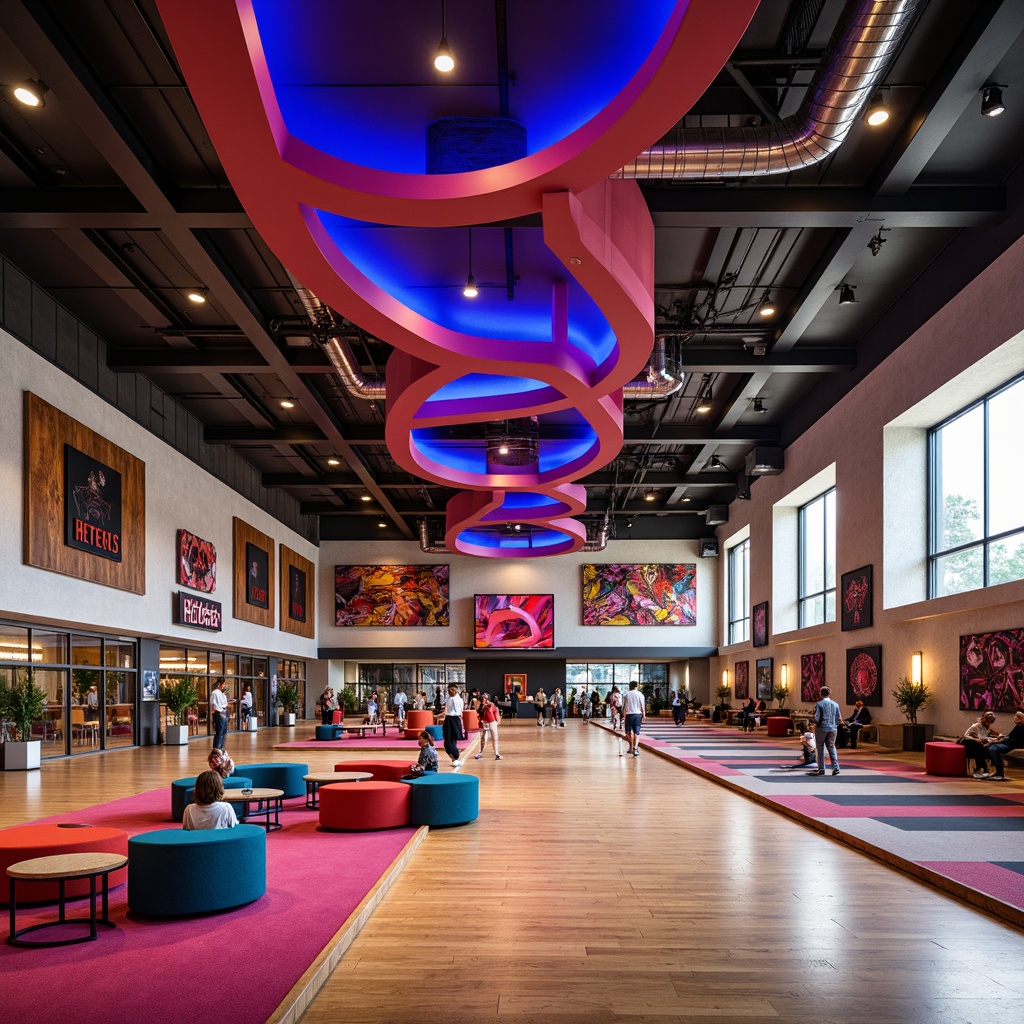 Prompt: Vibrant gymnasium interior, bold postmodern architecture, curved lines, neon color accents, futuristic lighting fixtures, sleek metal beams, exposed ductwork, polished concrete floors, reclaimed wood walls, eclectic furniture mix, avant-garde seating, dynamic geometric shapes, abstract art installations, motivational quotes, athletic equipment displays, mirrored columns, industrial-chic decor, 3/4 composition, shallow depth of field, warm color temperature, realistic textures.