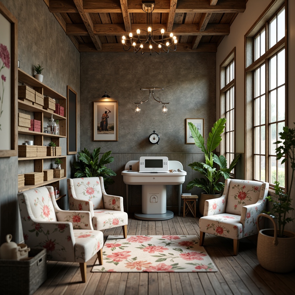 Prompt: Distressed wood furniture, vintage medical equipment, floral patterned fabrics, soft pastel colors, comfortable plush chairs, natural woven baskets, rustic metal accents, reclaimed wooden walls, warm candle lighting, cozy reading nooks, elegant chandeliers, subtle distressing textures, shallow depth of field, 1/1 composition, realistic rendering, ambient occlusion.