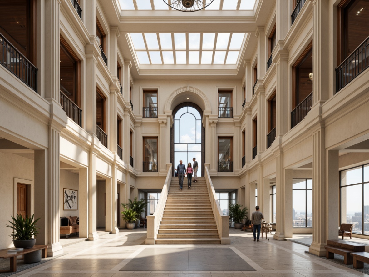 Prompt: Grand courthouse building, neoclassical facade, symmetrical composition, ornate details, Corinthian columns, grand staircase, polished marble floors, elegant chandeliers, high ceilings, large windows, natural light, neutral color palette, contemporary furnishings, sleek lines, minimalist decor, abstract artwork, subtle texture, warm ambient lighting, shallow depth of field, 1/1 composition, realistic rendering.