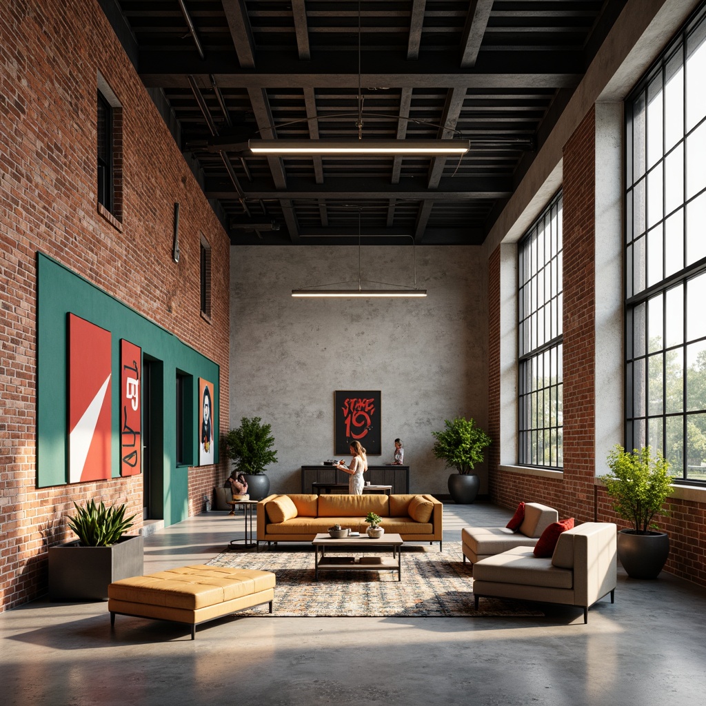 Prompt: Industrial chic interior, exposed brick walls, polished concrete floors, minimalist decor, functional furniture, geometric patterns, primary color accents, bold typography, metallic materials, sleek lines, rectangular shapes, abundant natural light, high ceilings, urban loft atmosphere, dramatic shadows, low-key warm lighting, 1/2 composition, shallow depth of field, realistic textures.