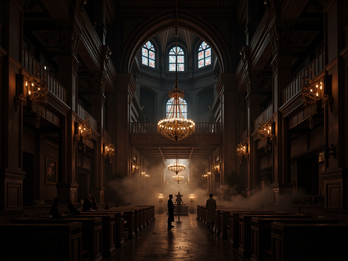 Prompt: Dimly lit grand hall, vaulted ceilings, ornate chandeliers, stained glass windows, mysterious shadows, rich wooden paneling, intricate carvings, dramatic archways, lavish drapery, mystical ambiance, warm candlelight, soft golden glow, subtle mist effect, atmospheric fog, cinematic composition, low-key lighting, dark mysterious colors, ancient stone walls, eerie silence, haunting melodies, mystical symbols.