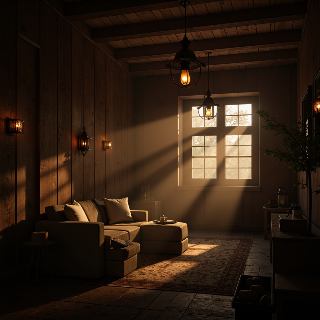 Prompt: Moody ambient atmosphere, warm soft lighting, golden hour glow, dramatic shadows, misty fog effects, cozy candlelit spaces, rustic wooden accents, vintage metal lanterns, ornate chandeliers, subtle color temperature shifts, gentle gradient transitions, cinematic depth of field, atmospheric perspective, mysterious darkness, eerie silhouettes, warm inviting glows, 1/2 composition, low-key illumination.