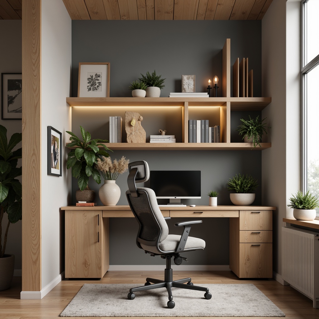 Prompt: Modern minimalist home office, sleek ergonomic chair, adjustable desk height, built-in cable management, natural wood grain texture, industrial metal legs, cozy task lighting, comfortable cushioning, breathable mesh fabric, 3D-printed decorative accents, bold color blocking, Scandinavian-inspired simplicity, functional storage compartments, hidden drawers, multi-functional shelving units, realistic wood grain patterns, soft ambient lighting, shallow depth of field, 2/3 composition.