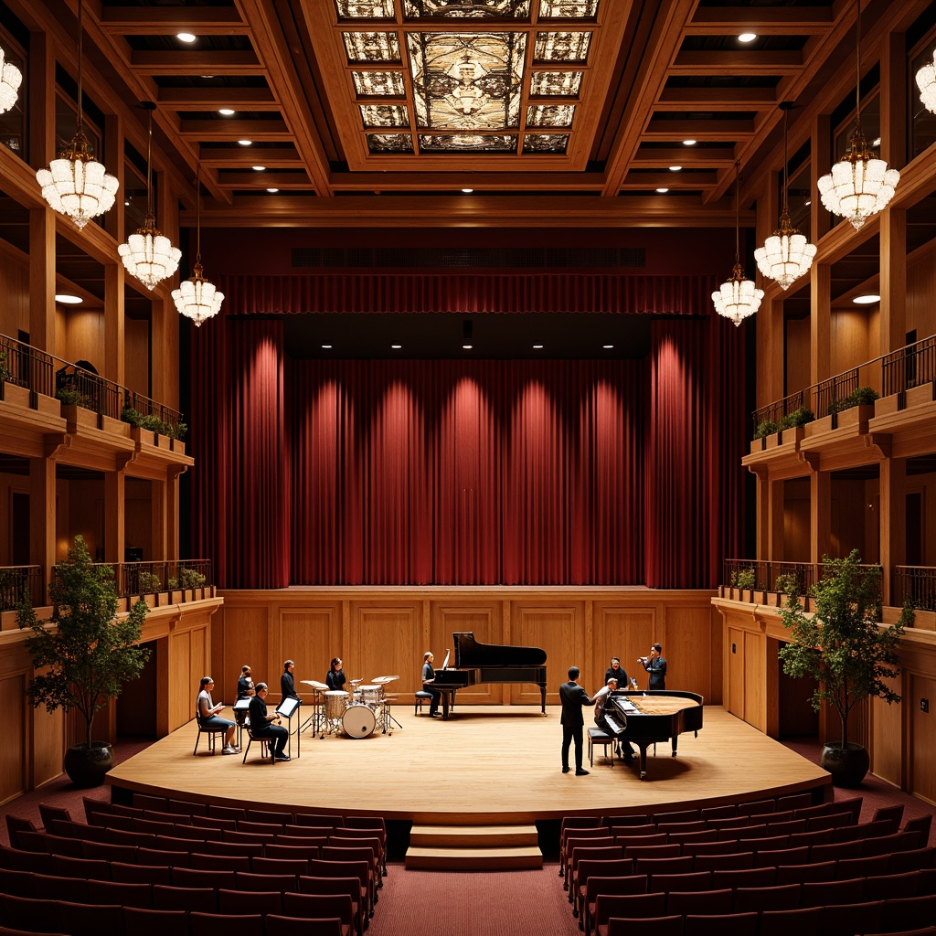 Prompt: Intimate concert hall, wooden stage, velvet curtains, ornate chandeliers, luxurious seating, sound-absorbing panels, acoustic diffusers, precision-crafted instruments, grand pianos, drum sets, state-of-the-art sound systems, adjustable reverberation times, optimized speaker placement, refined audience sightlines, dramatic lighting designs, warm ambiance, rich wood tones, soft carpeting, elegant balconies, sweeping staircases, grand foyers, majestic high ceilings, intricate architectural details, sophisticated backstage facilities.