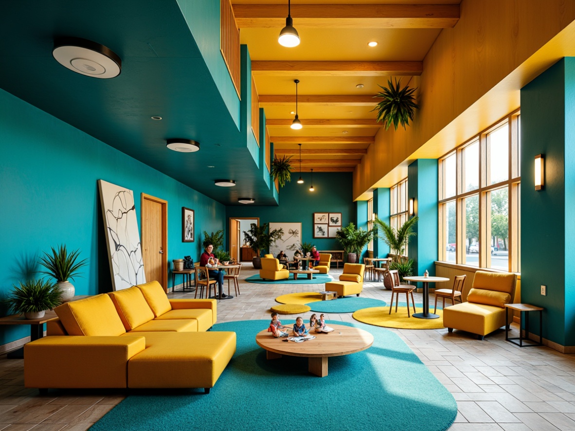 Prompt: Vibrant student hall, expressive architecture, bold color palette, bright turquoise accents, warm golden lighting, playful yellow furniture, deep blue walls, eclectic patterns, abstract art pieces, geometric shapes, irregular forms, dynamic lines, free-spirited atmosphere, creative freedom, modern materials, industrial textures, urban surroundings, lively street views, bustling city life, natural light pouring in, 1/1 composition, cinematic camera angles, dramatic shadows, high contrast.