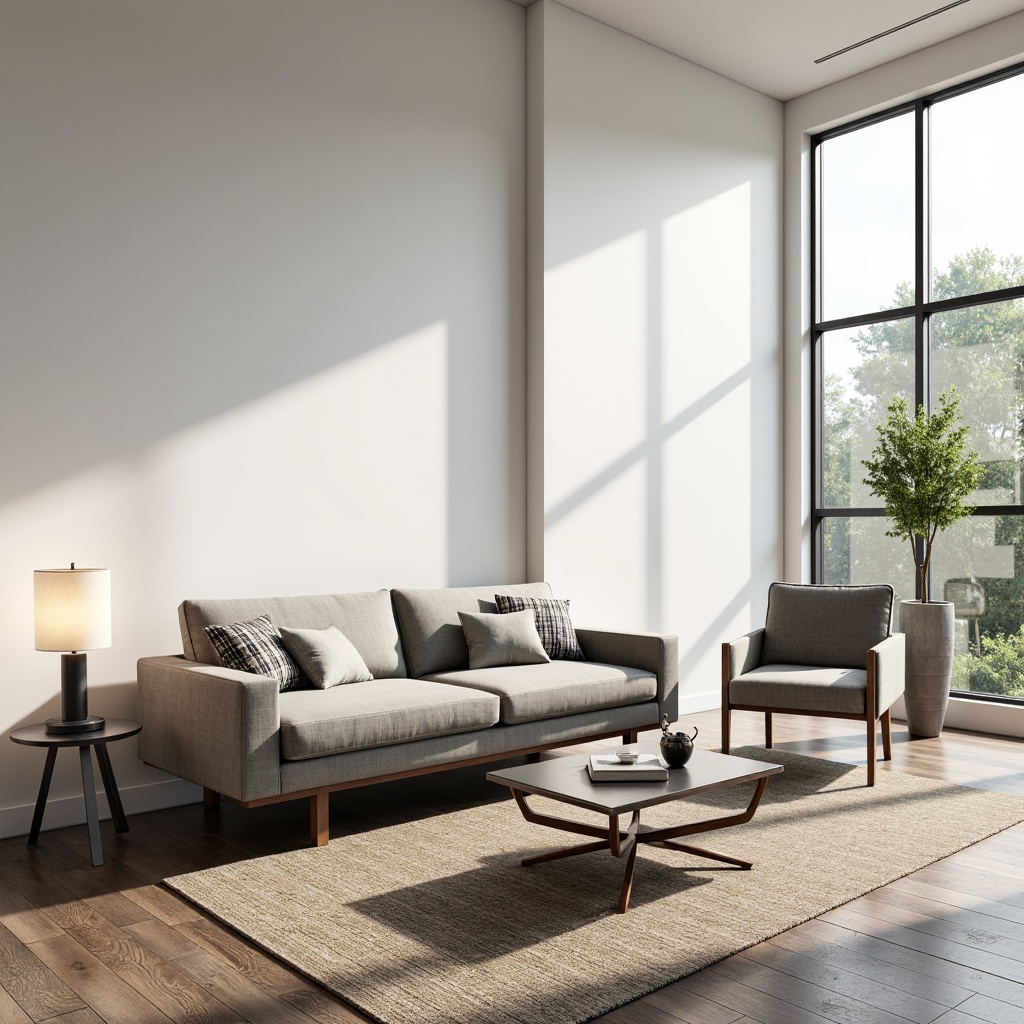 Prompt: Minimalist living room, monochromatic color scheme, sleek low-profile sofa, geometric coffee table, industrial metal legs, minimalist floor lamp, natural fiber rug, white walls, large windows, abundant natural light, soft warm glow, shallow depth of field, 3/4 composition, realistic textures, ambient occlusion.