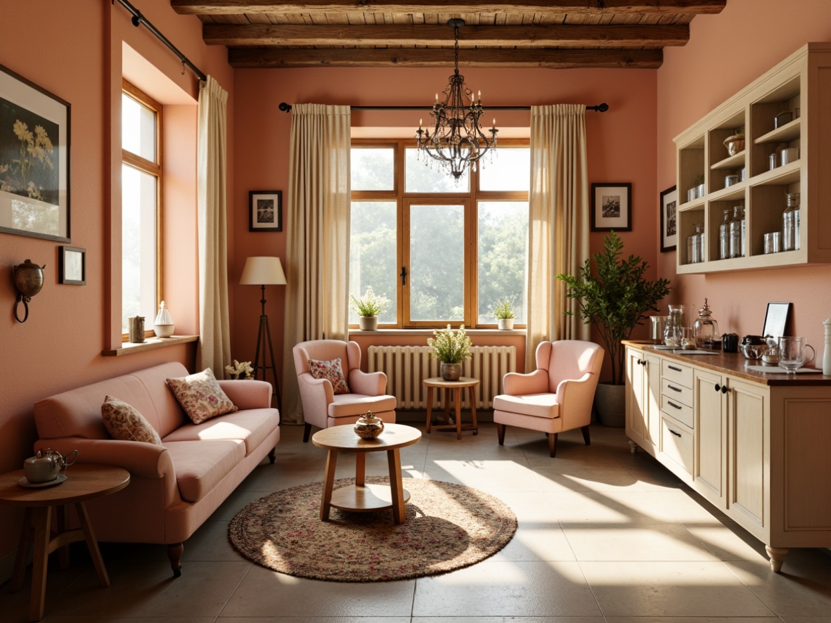 Prompt: Soft peach walls, distressed wood accents, vintage medical equipment, rustic metal fixtures, warm beige floors, plush velvet sofas, pastel pink armchairs, natural linen curtains, antique apothecary jars, floral patterned rugs, creamy white cabinets, ornate wooden frames, soft golden lighting, warm atmospheric glow, 1/2 composition, intimate close-ups, realistic textures, subtle ambient occlusion.