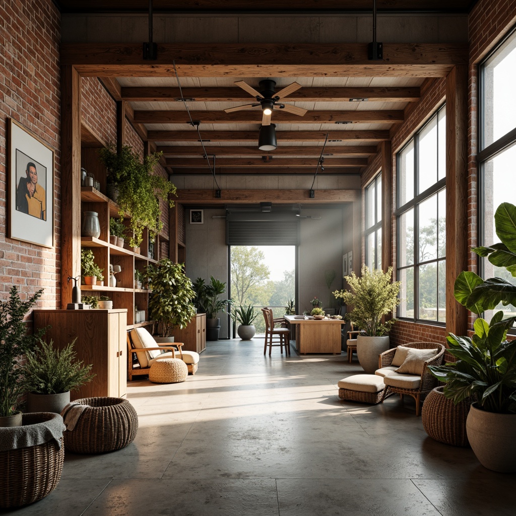 Prompt: Rustic warehouse interior, Scandinavian design elements, reclaimed wood accents, exposed brick walls, industrial metal beams, polished concrete floors, minimalist decor, natural textiles, woven baskets, potted plants, warm wooden tones, soft ambient lighting, shallow depth of field, 1/1 composition, realistic render, atmospheric fog, subtle color grading.