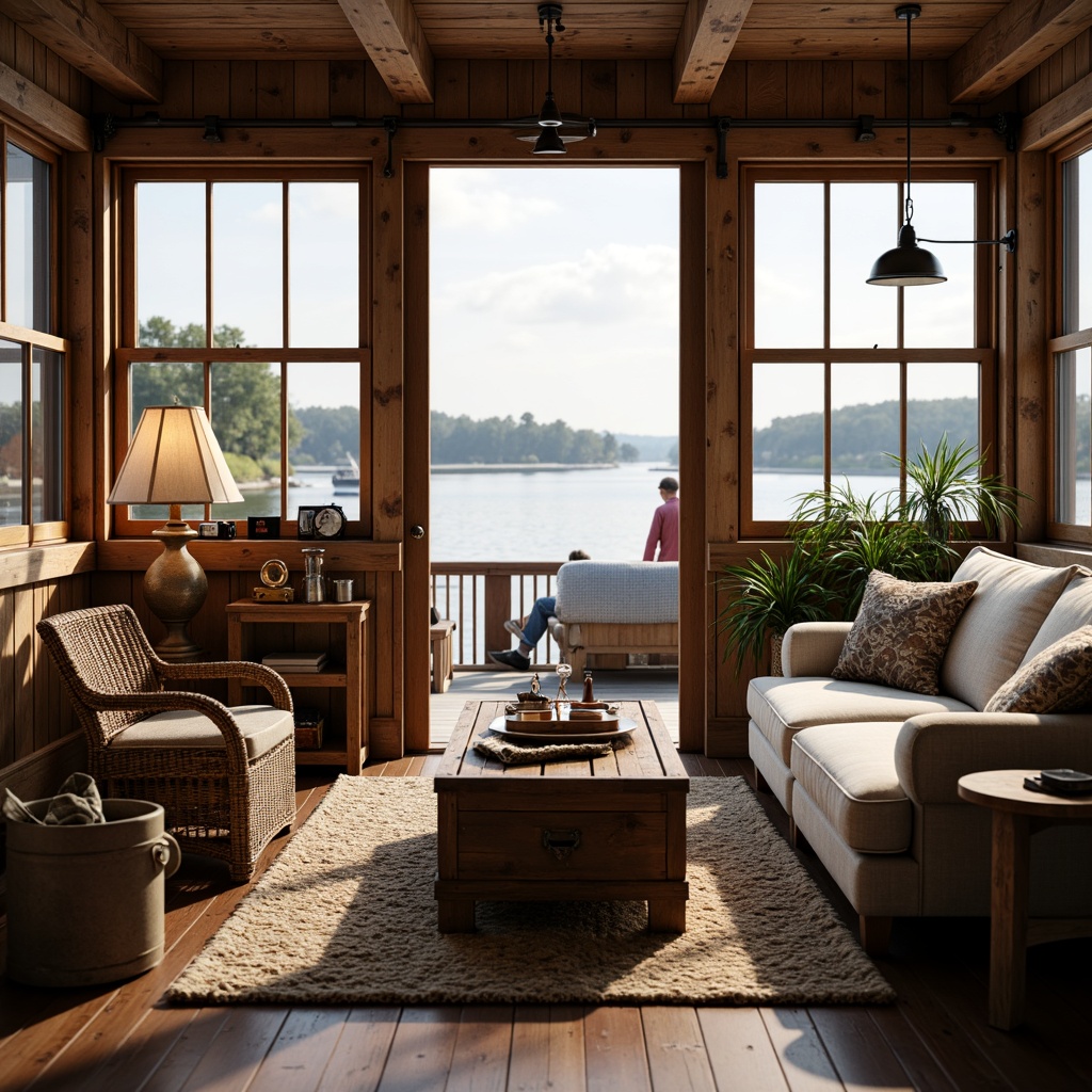 Prompt: Cozy boathouse interior, nautical-themed furniture, distressed wood accents, plush sofas, woven wicker chairs, rustic coffee tables, vintage navigation instruments, soft warm lighting, natural textiles, woven rugs, wooden flooring, lake-inspired color palette, calm atmosphere, 1/2 composition, shallow depth of field, realistic reflections, ambient occlusion.Please let me know if this meets your expectations!