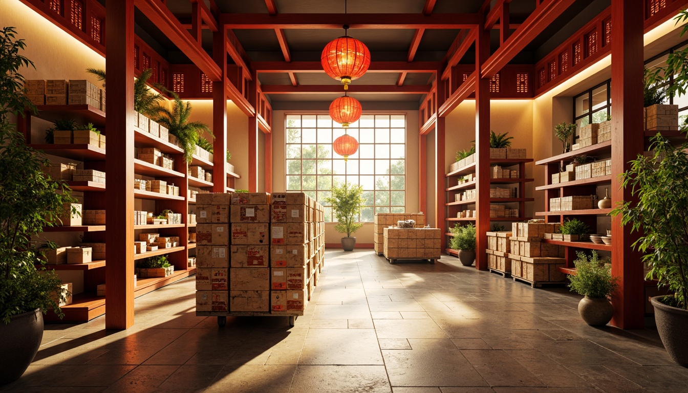 Prompt: Vibrant Asian-inspired distribution center, warm golden lighting, rich wood tones, traditional Chinese lanterns, bold red accents, intricate Oriental patterns, natural stone flooring, earthy brown walls, modern minimalist shelves, sleek metal racks, colorful ceramic tiles, lush greenery, bamboo plants, soft misty atmosphere, shallow depth of field, 1/1 composition, realistic textures, ambient occlusion.