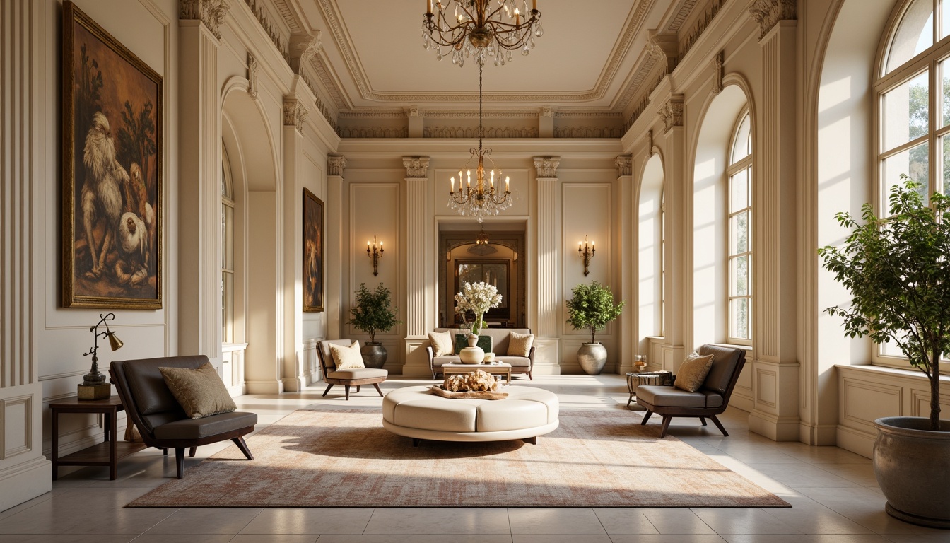 Prompt: Elegant neoclassical interior, ornate moldings, refined furnishings, soft beige walls, rich wood tones, polished marble floors, subtle cream accents, muted golden hues, opulent velvet fabrics, intricate patterns, sophisticated chandeliers, warm candlelight, shallow depth of field, 1/1 composition, realistic textures, ambient occlusion.