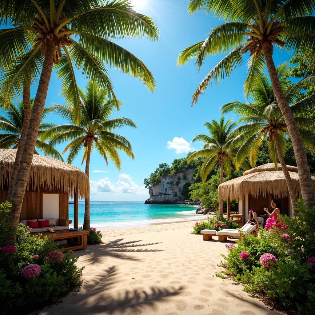 Prompt: Vibrant tropical island, lush green palm trees, exotic bright flowers, warm sandy beach, crystal-clear turquoise water, colorful tiki torches, rustic wooden huts, natural woven textiles, rattan furniture, lively coral reefs, sunny day, soft warm lighting, shallow depth of field, 3/4 composition, panoramic view, realistic textures, ambient occlusion.