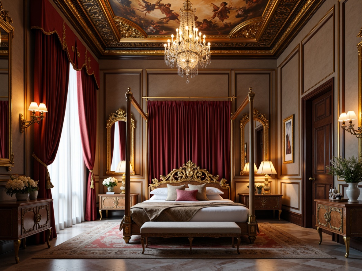 Prompt: Luxurious bedroom, rich velvet drapes, ornate gold leaf accents, intricately carved wooden furniture, crystal chandeliers, lavish marble flooring, soft warm lighting, shallow depth of field, 1/1 composition, grandiose proportions, opulent textiles, elaborate patterns, gilded mirrors, majestic four-poster beds, plush area rugs, dramatic ceiling frescoes, ornate moldings, intricate inlays, subtle color palette, intimate ambiance.