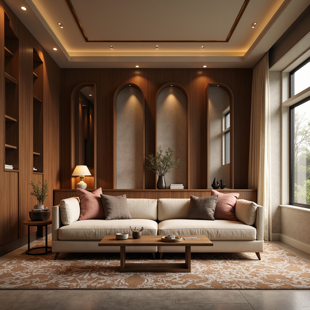 Prompt: Smooth velvety sofas, polished chrome accents, curved wooden panels, geometric patterned rugs, minimalist coffee tables, sleek low-profile lamps, warm beige color schemes, rich walnut wood tones, luxurious silk fabrics, subtle gradient effects, softbox lighting, shallow depth of field, 2/3 composition, cinematic view, realistic reflections, ambient occlusion.