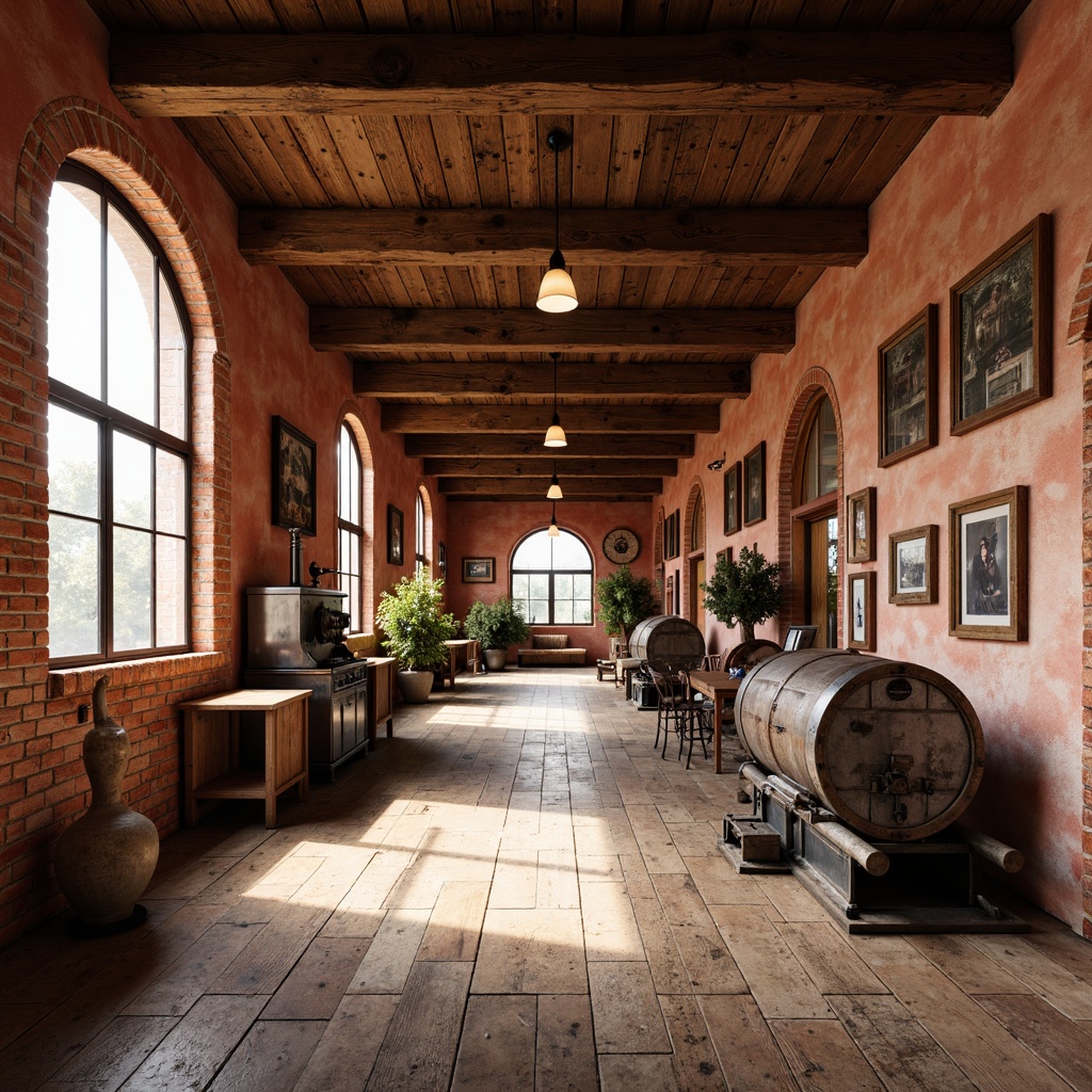 Prompt: Warm industrial atmosphere, Mediterranean-inspired color palette, earthy tones, terracotta reds, soft sienna, weathered wood accents, rusty metal details, natural stone textures, exposed brick walls, reclaimed wood flooring, distressed concrete surfaces, vintage factory machinery, overhead wooden beams, warm pendant lighting, soft diffused daylight, subtle shadows, 1/2 composition, realistic renderings.