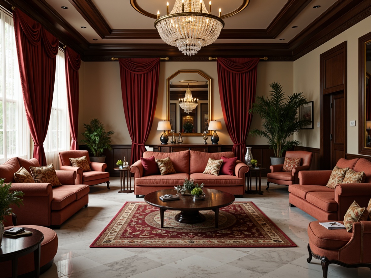 Prompt: Velvety soft sofas, plush cushions, intricate embroidery, golden thread accents, luxurious fabrics, silk drapes, crystal chandeliers, marble floors, opulent furnishings, lavish decorations, majestic high ceilings, ornate mirrors, lavish patterns, jewel-toned colors, rich wood tones, subtle sheen, warm ambient lighting, shallow depth of field, 3/4 composition, realistic textures.