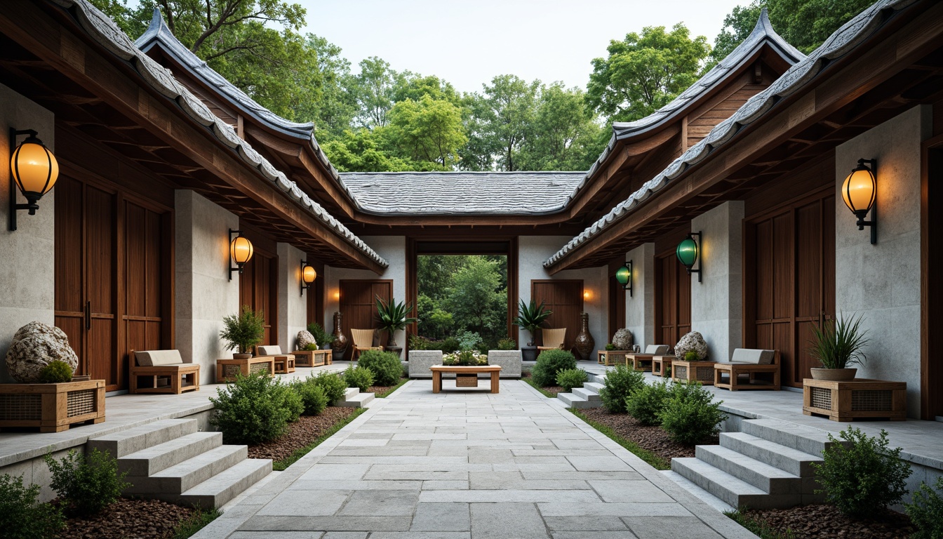 Prompt: Traditional Asian architecture, natural stone walls, curved roofs, serene courtyard, lush greenery, bamboo accents, wooden crates, vibrant lanterns, ornate carvings, cultural symbols, minimalist decor, subtle lighting, shallow depth of field, 3/4 composition, panoramic view, realistic textures, ambient occlusion.