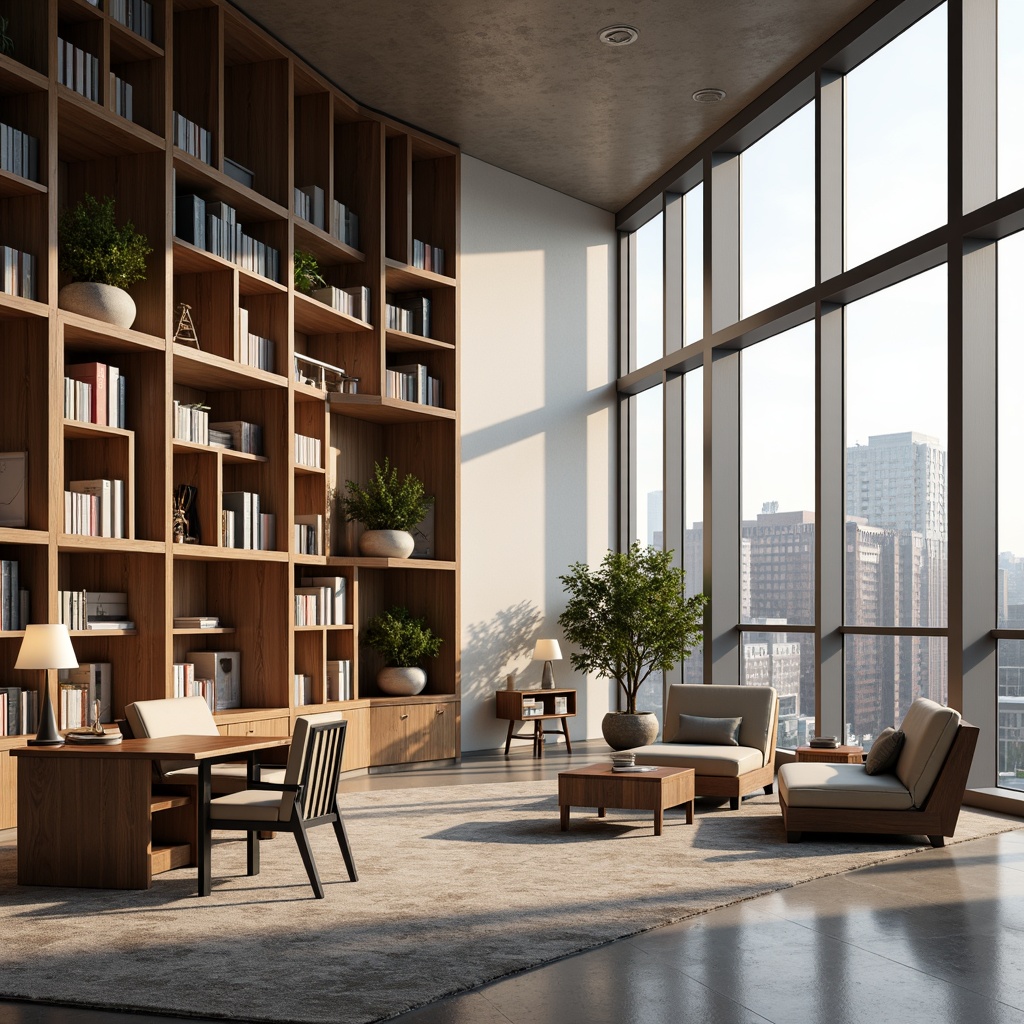 Prompt: Modern library interior, wooden bookshelves, comfortable reading nooks, sleek metal chairs, minimalist tables, task lamps, cozy area rugs, neutral color palette, natural light pouring in, floor-to-ceiling windows, urban cityscape views, quiet atmosphere, soft warm lighting, 1/1 composition, realistic textures, ambient occlusion.