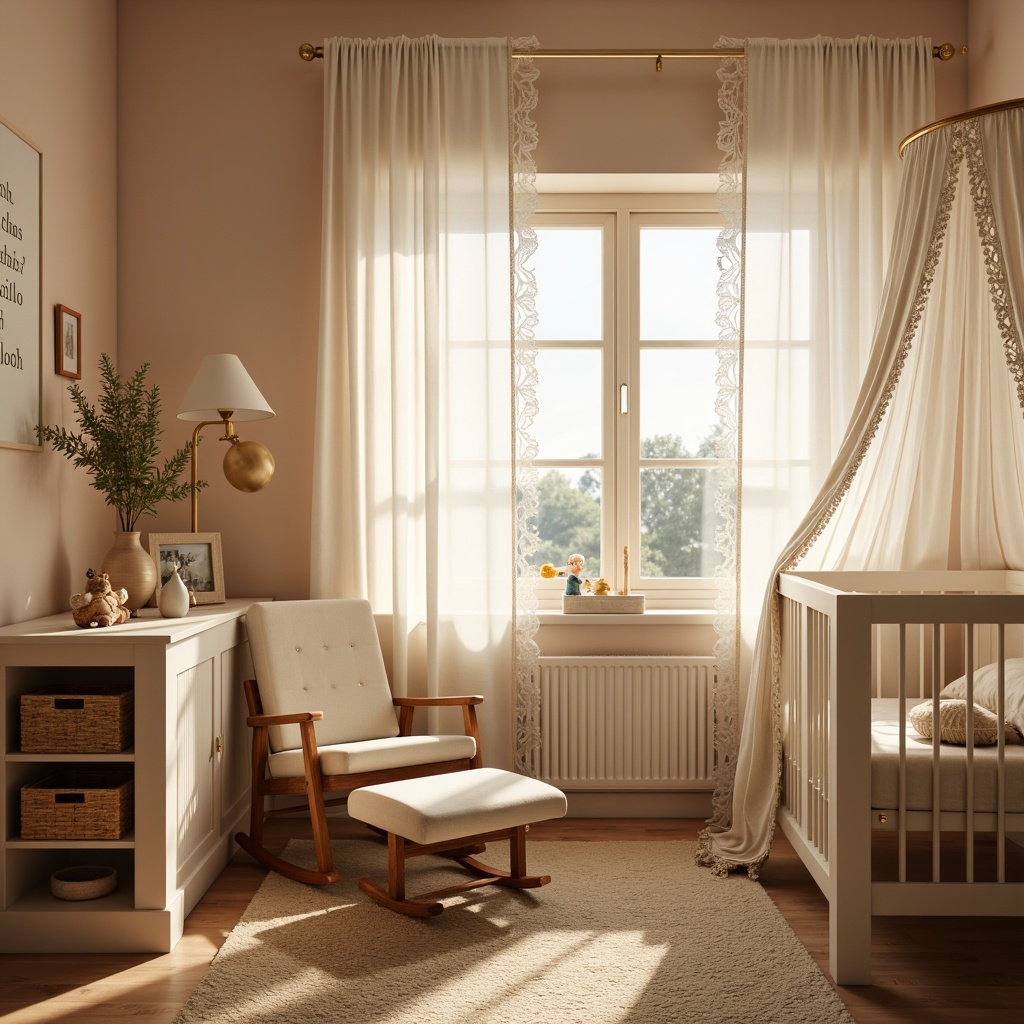 Prompt: Soft warm glow, pastel color palette, gentle nursery rhyme decals, plush toys, crib with canopy, wooden rocking chair, woven basket storage, creamy white curtains, delicate lace trim, warm beige carpet, cozy reading nook, table lamp with soft shade, string lights, starry night sky projection, calming ambiance, 1/1 composition, shallow depth of field, warm color temperature, gentle shadows.