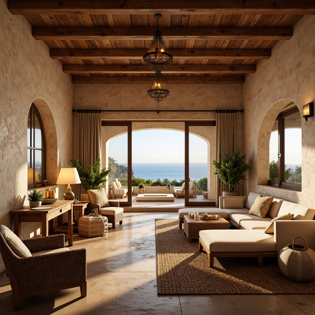 Prompt: Warm Mediterranean interior, rustic stone walls, wooden beam ceilings, earthy color palette, soft warm lighting, table lamps, floor lamps, pendant lights, candles, natural textiles, woven baskets, distressed wood furniture, ornate metal accents, archways, columns, large windows, sliding glass doors, ocean views, sunny day, gentle breeze, shallow depth of field, 1/1 composition, realistic textures, ambient occlusion.