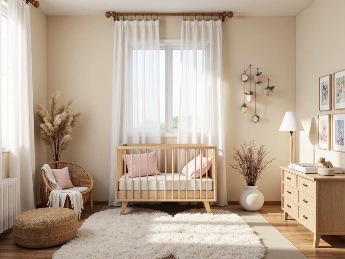 Prompt: Whimsical nursery, soft pastel colors, plush area rug, wooden crib, delicate mobiles, sheer curtains, natural light, warm beige walls, minimalistic decor, modern furniture pieces, sleek changing table, storage ottoman, woven basket, floral patterns, gentle lighting, creamy whites, pale pinks, baby blue accents, textured fabrics, subtle sheen, shallow depth of field, 1/1 composition, cozy atmosphere, realistic textures.