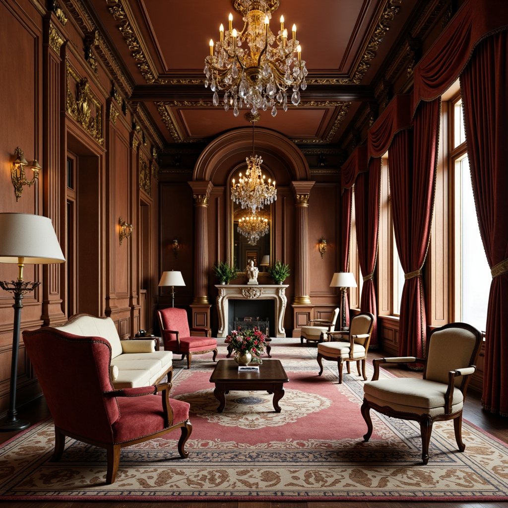 Prompt: Elegant neoclassical mansion, ornate furnishings, rich wood tones, velvet upholstery, gilded accents, carved mahogany legs, tufted sofas, slender columns, intricate moldings, grand chandeliers, crystal drops, luxurious drapery, heavy curtains, tassel trim, subtle patterns, muted color palette, warm golden lighting, shallow depth of field, 1/1 composition, realistic textures, ambient occlusion.