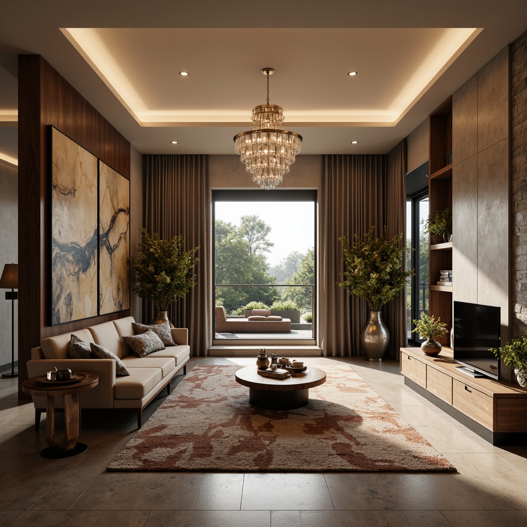 Prompt: Modern luxury villa, sleek lines, minimalist decor, lavish furnishings, plush carpets, crystal chandeliers, ornate mirrors, statement artwork, elegant vases, sophisticated sculptures, metallic accents, rich wood tones, sumptuous fabrics, ambient lighting, soft focus, shallow depth of field, 3/4 composition, warm color palette, inviting atmosphere.