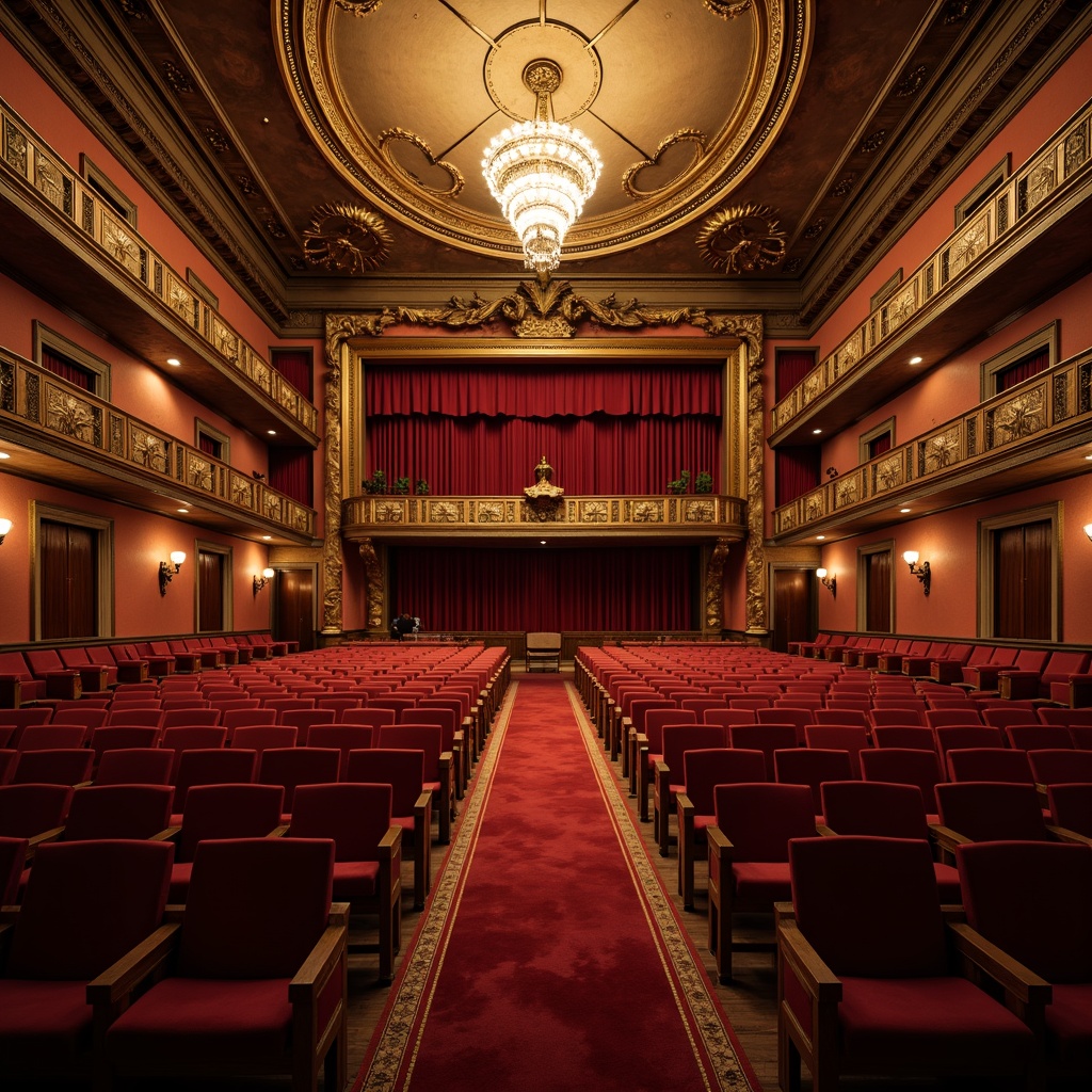 Prompt: Elegant auditorium, rich velvet seats, ornate wooden armrests, gilded details, red carpeted aisles, grand chandelier, high ceilings, intricately molded plasterwork, classic Roman arches, Corinthian columns, luxurious drapery, subtle warm lighting, shallow depth of field, 2/3 composition, symmetrical framing, realistic textures, ambient occlusion.