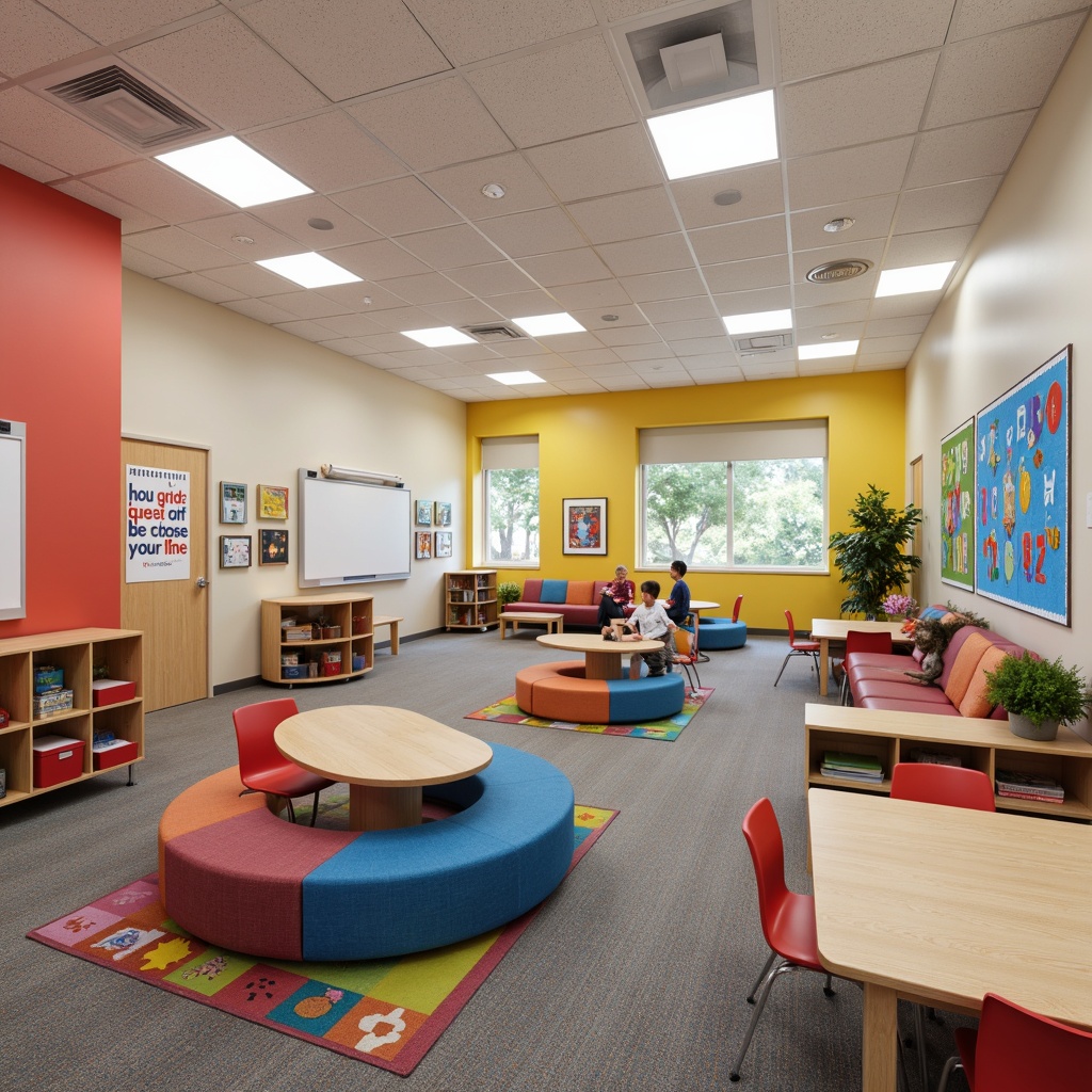 Prompt: Vibrant elementary school interior, colorful classroom furniture, sturdy wooden desks, ergonomic chairs, soft cushioned sofas, interactive whiteboards, educational posters, rounded edge tables, comfortable reading nooks, collaborative learning spaces, natural wood accents, bright overhead lighting, warm carpet flooring, playful patterned rugs, flexible modular shelving, durable plastic storage bins, whimsical decorative elements, inspiring quotes displays, lively coral walls, cheerful yellow accents, calm blue tones, engaging student artwork displays.