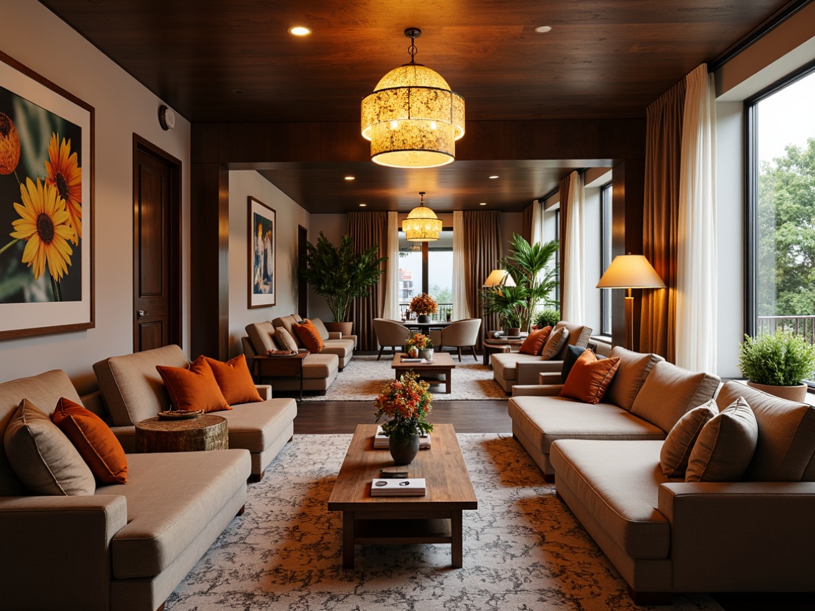 Prompt: Cozy living room, plush sofas, velvety armchairs, wooden coffee tables, soft cushions, vibrant throw pillows, elegant chandeliers, warm ambient lighting, large windows, natural sunlight, calm atmosphere, minimalist decor, comfortable seating arrangements, intimate conversation areas, stylish centerpieces, fresh flower vases, luxurious rugs, tranquil color schemes, soothing background music, relaxed mood, 1/2 composition, soft focus, warm color tone.