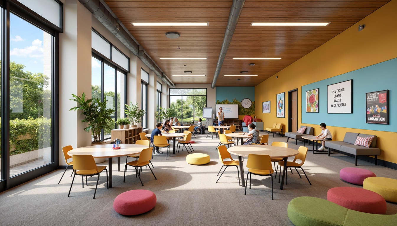 Prompt: Vibrant elementary school classrooms, collaborative learning spaces, colorful furniture, interactive whiteboards, ergonomic chairs, flexible desks, modular shelving units, natural wood accents, soft carpeted floors, abundant natural light, large windows, sliding glass doors, outdoor learning areas, green roofs, educational technology integration, immersive learning experiences, 3D printing stations, virtual reality headsets, cozy reading nooks, comfortable pillows, lively wall murals, inspirational quotes, warm color schemes, shallow depth of field, 1/1 composition, realistic textures, ambient occlusion.