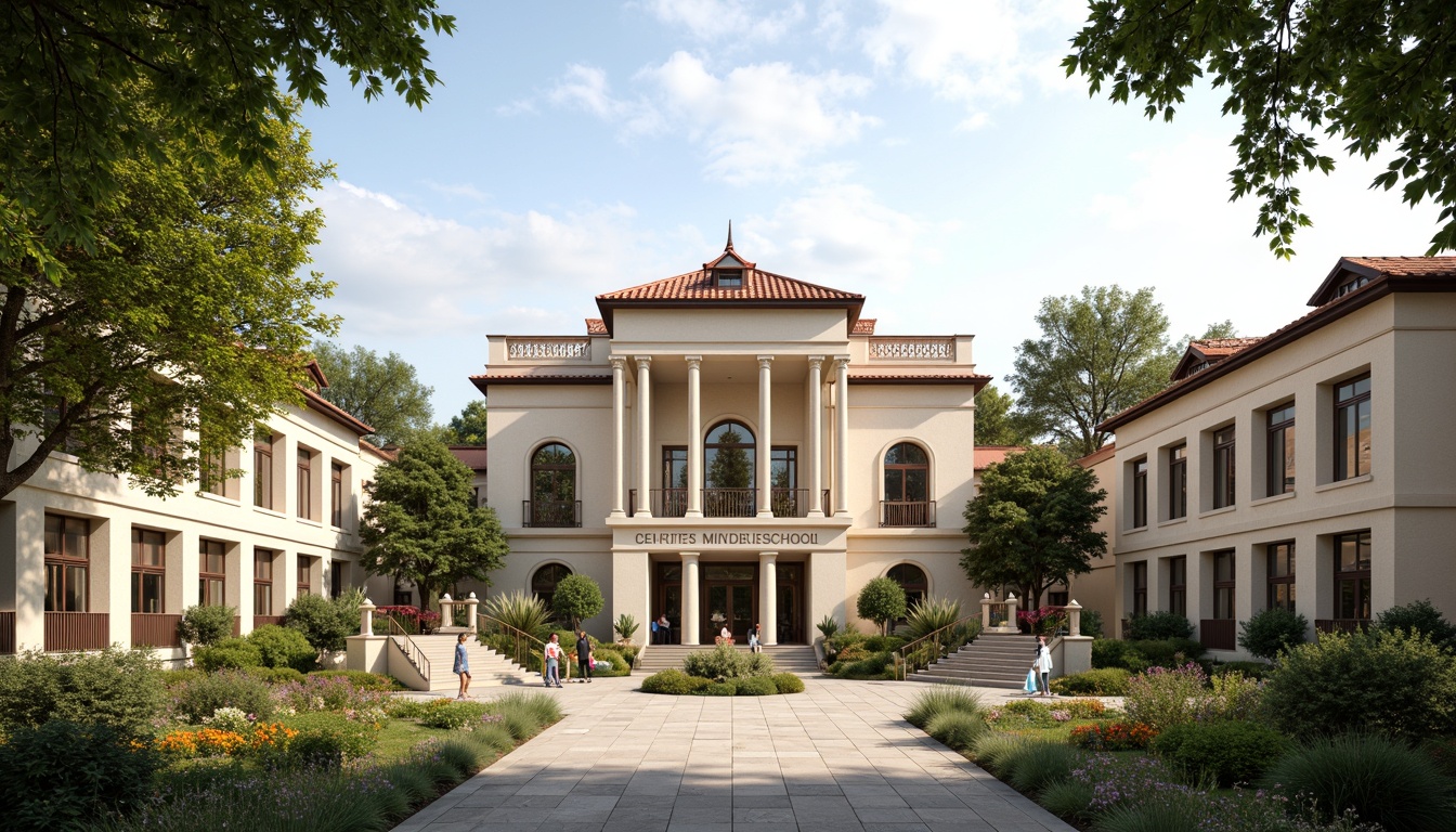 Prompt: Elegant middle school building, neoclassical architecture style, grand entrance with columns, symmetrical fa\u00e7ade, ornate details, cream-colored stone walls, red-tiled roofs, lush greenery, vibrant flowers, educational signs, natural stone walkways, sweeping staircases, high ceilings, large windows, soft warm lighting, shallow depth of field, 3/4 composition, panoramic view, realistic textures, ambient occlusion.