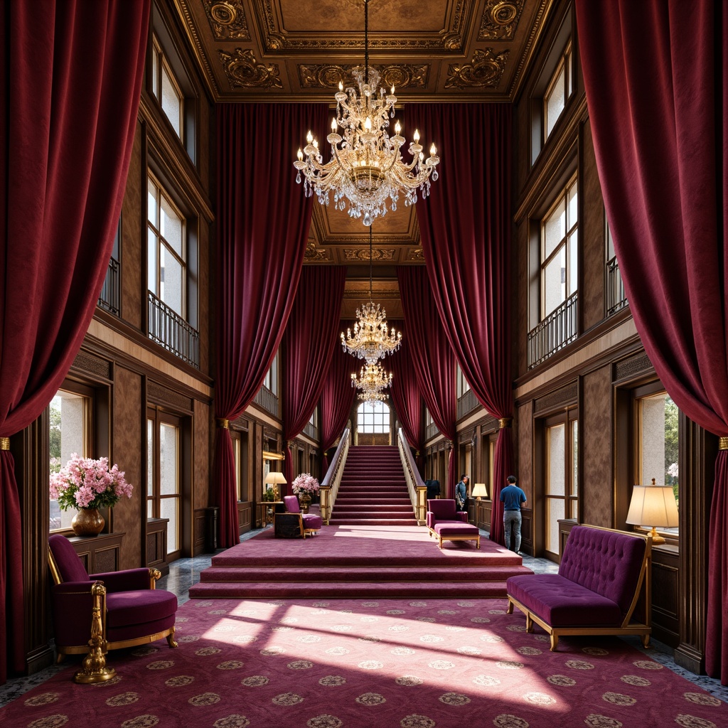 Prompt: Rich velvet drapes, ornate gold accents, crystal chandeliers, luxurious red carpets, marble floors, grand staircases, intricate moldings, Baroque-style furnishings, regal purple upholstery, soft warm lighting, dramatic shadows, high ceilings, symmetrical composition, classical archways, elegant columns, refined wood tones, opulent fabrics, subtle sheen, realistic textures, ambient occlusion.