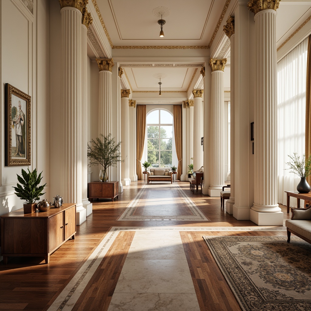 Prompt: Elegant neoclassical interior, rich wood flooring, polished marble surfaces, intricate inlays, ornate patterns, high-gloss finishes, creamy white walls, ornamental moldings, classic furniture pieces, luxurious textiles, velvety soft rugs, subtle sheen, warm ambient lighting, 1/2 composition, shallow depth of field, realistic reflections.