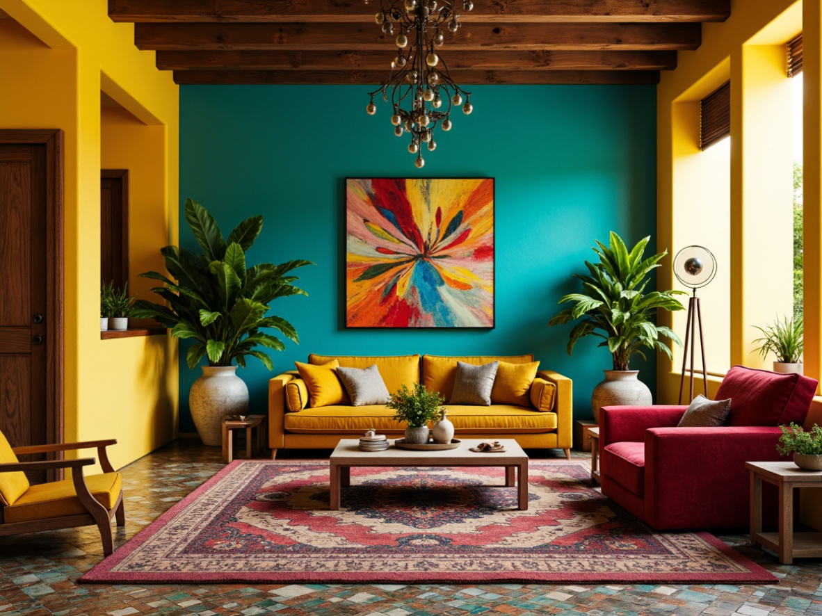 Prompt: Vibrant eclectic living room, rich turquoise walls, bold yellow accents, distressed wooden furniture, vintage velvet armchairs, ornate metal lamp fixtures, colorful Moroccan tiles, plush area rugs, lush green plants, natural stone coffee tables, abstract artwork, bohemian patterns, warm golden lighting, shallow depth of field, 1/2 composition, panoramic view, realistic textures, ambient occlusion.