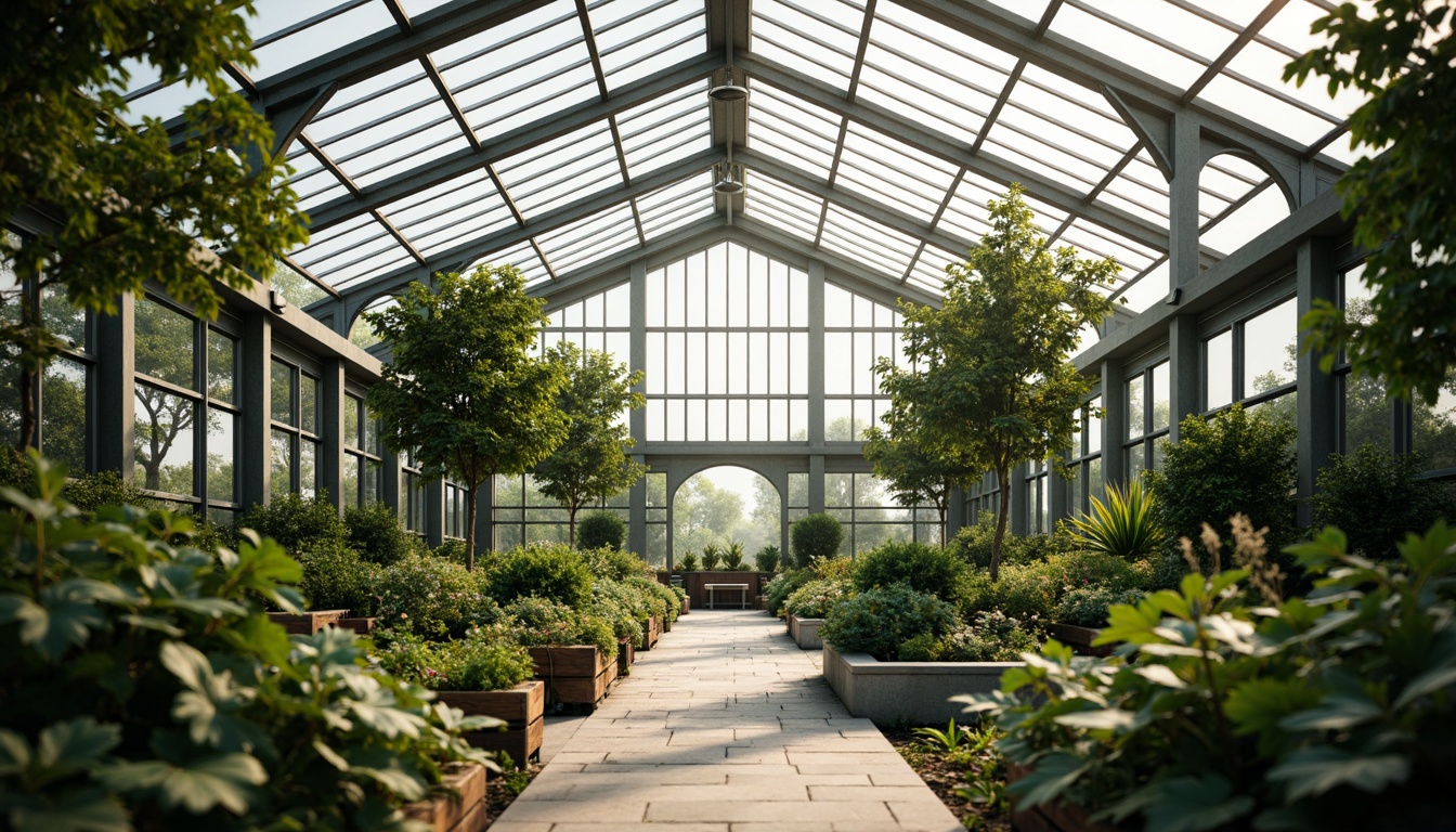 Prompt: Serene greenhouse interior, lush greenery, minimalist decor, sleek metal frames, transparent glass roofs, natural stone floors, industrial chic aesthetic, abundant natural light, soft warm ambiance, shallow depth of field, 3/4 composition, panoramic view, realistic textures, ambient occlusion, thriving plants, misty atmosphere, dew-kissed leaves, rustic wooden accents, earthy color palette, organic shapes, sustainable materials, eco-friendly systems, automatic irrigation, climate control technologies.