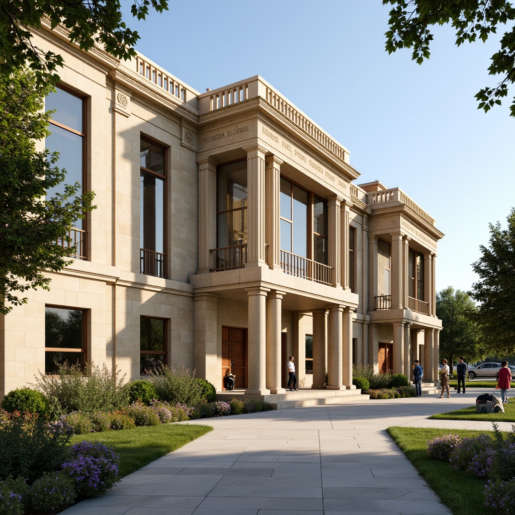 Prompt: Grand middle school facade, Corinthian columns, ornate capitals, symmetrical architecture, Neoclassical style, beige stone walls, large windows, wooden doors, elegant entranceways, lush greenery, blooming flowers, sunny day, soft warm lighting, shallow depth of field, 3/4 composition, panoramic view, realistic textures, ambient occlusion.