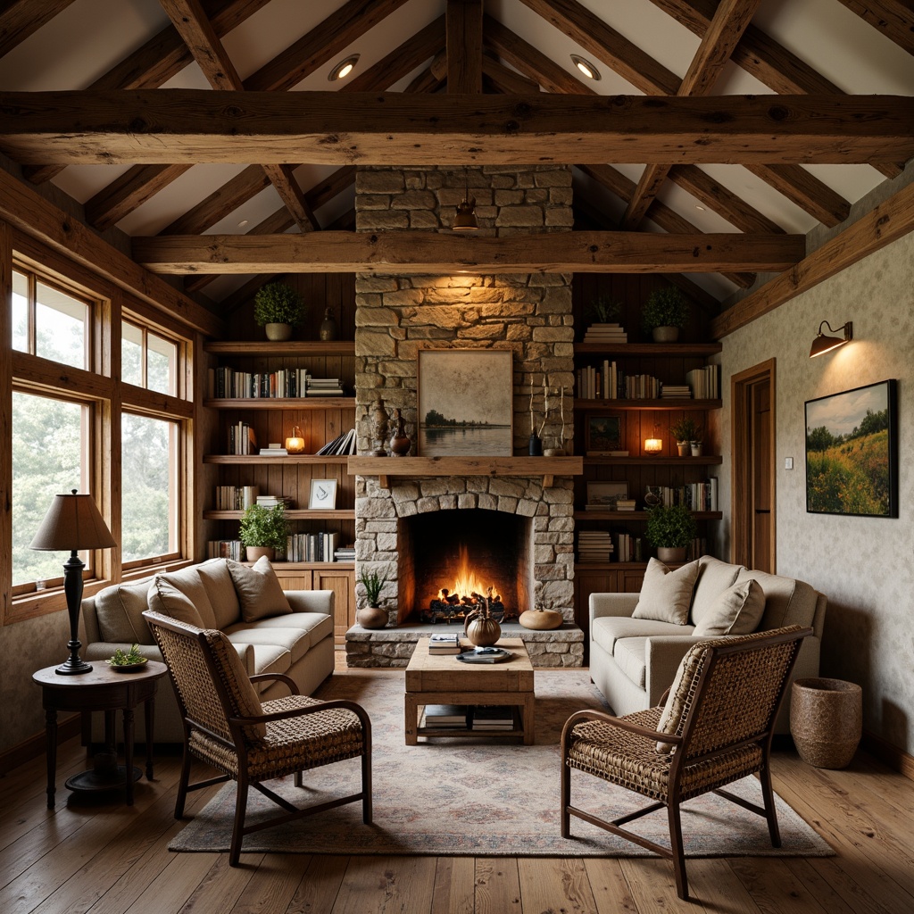 Prompt: Rustic cabin interior, reclaimed wooden walls, distressed wood flooring, stone fireplace, natural textures, earthy color palette, vintage furniture pieces, antique metal accents, woven rattan chairs, plush velvet upholstery, soft warm lighting, candlelit ambiance, rustic wooden beams, exposed brickwork, rich leather-bound books, nature-inspired artwork, cozy reading nooks, warm beige tones, organic fabrics, earthy scents, 1/1 composition, shallow depth of field, realistic textures.