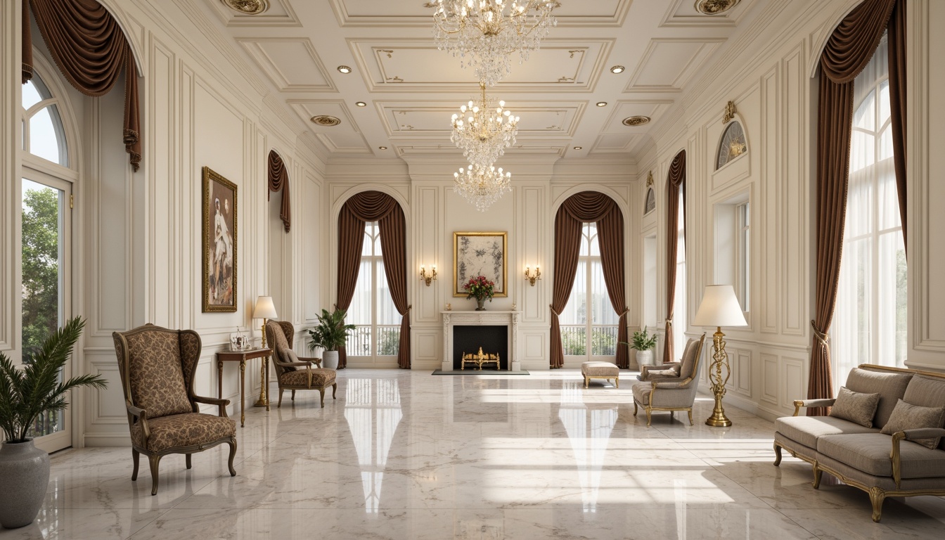 Prompt: Elegant classic mansion, ornate facade, symmetrical architecture, neutral color palette, creamy white walls, rich wood paneling, polished marble floors, intricate moldings, decorative ceiling medallions, crystal chandeliers, luxurious velvet drapes, antique furniture pieces, subtle gold accents, refined subtle lighting, shallow depth of field, 1/2 composition, soft focus, warm color tones.