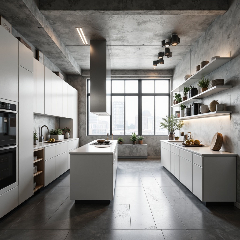 Prompt: Streamlined kitchen, modern cabinetry, sleek flat-panel doors, minimalist hardware, glossy white countertops, stainless steel appliances, industrial-style lighting, polished concrete floors, monochromatic color scheme, geometric patterns, concealed storage, wall-mounted shelves, floor-to-ceiling windows, natural daylight, soft ambient lighting, shallow depth of field, 2/3 composition, realistic textures, subtle reflections.